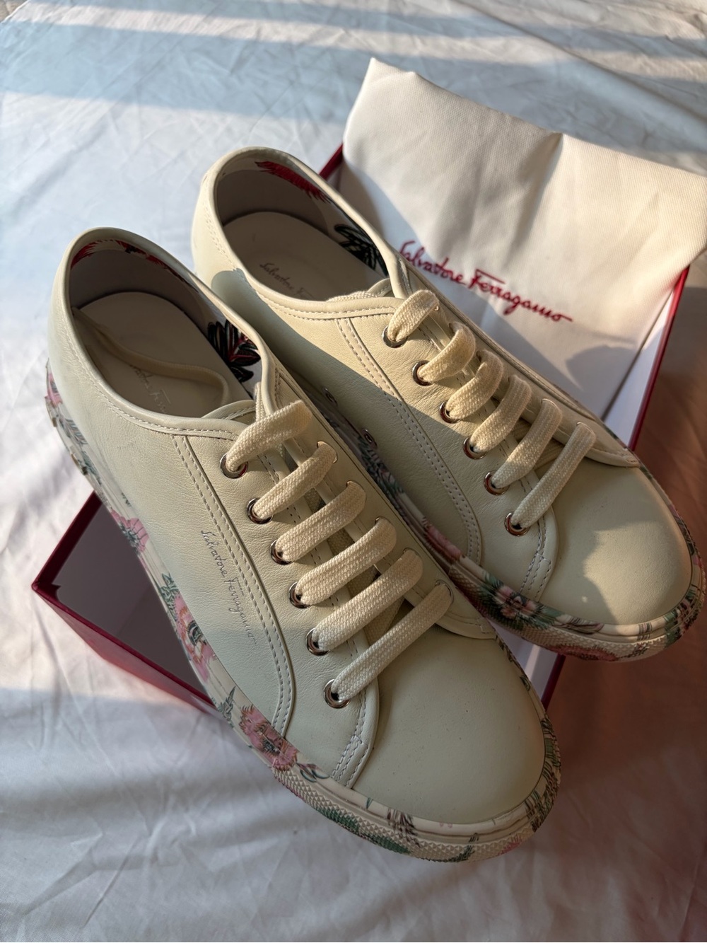 Salvatore Ferragamo White Leather Lace-Up Sneakers with Floral Trim BORG CUBE - Picture 2 of 5